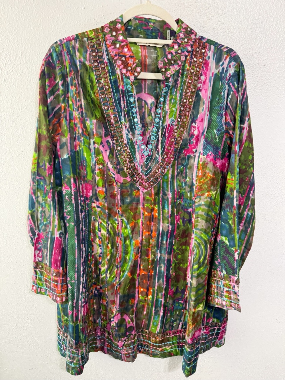 Soft Surroundings Multicolor Beaded V-Neck Tunic - Green, Pink, Blue medium
